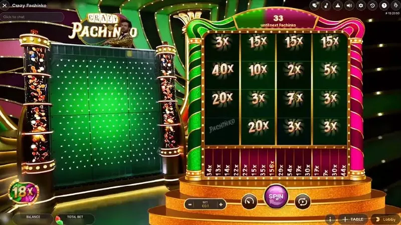 Pachinko - runda bonusowa Crazy Time z tablica kółków Pachinko - japońska minigra z opadająca piłka w Crazy Time